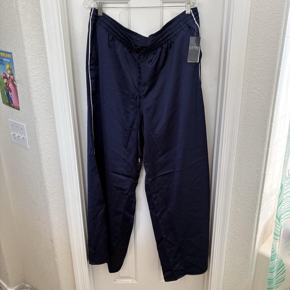 Ralph Lauren Women Blue Satin Drawstring Pajama Pants Sleepwear Size 2XL NEW